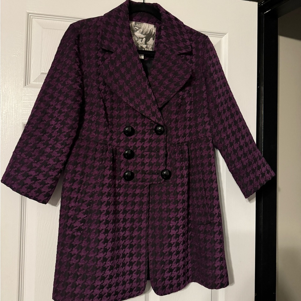 Mac & Jac Double-breasted, Purple/black mid-length Houndstooth coat.